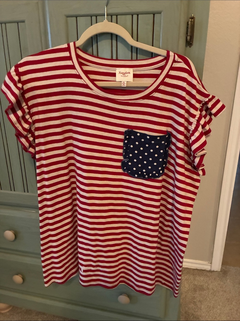 Hayden Red and White Striped Tee with Navy Polka Dot Pocket